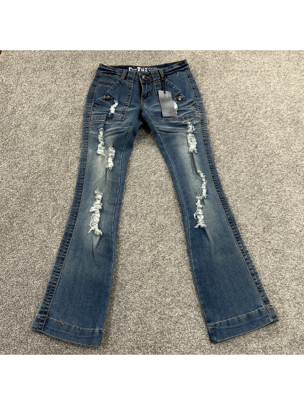 NWT D-Fuz Y2K Skinny Flare Jeans Blue Distressed Denim Bellbottom Women’s 3/4